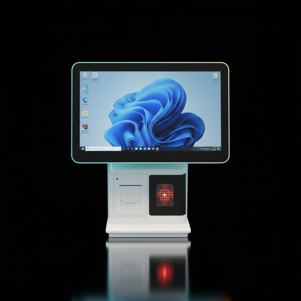 nPOS point-of-sale device with two screens, barcode scanner, and built-in printer