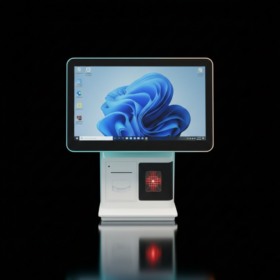 nPOS point-of-sale device with two screens, barcode scanner, and built-in printer