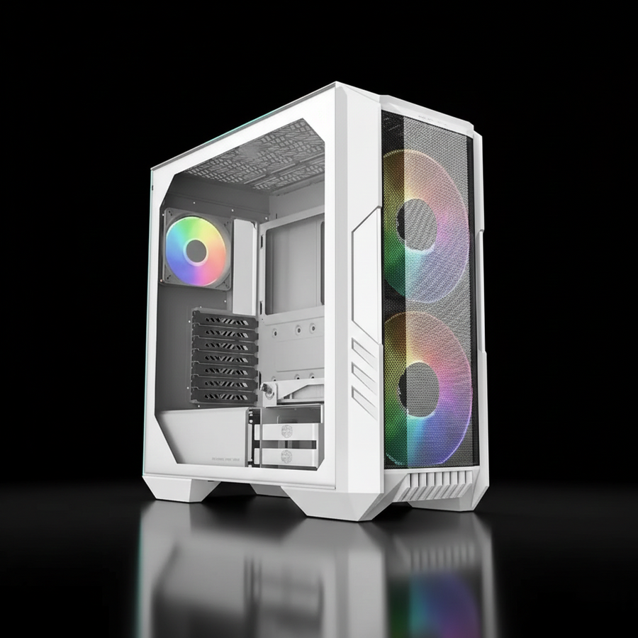 Cooler Master HAF 500 Mesh ARGB Mid Tower Case – White – Tempered Glass – 2×200mm ARGB Fans