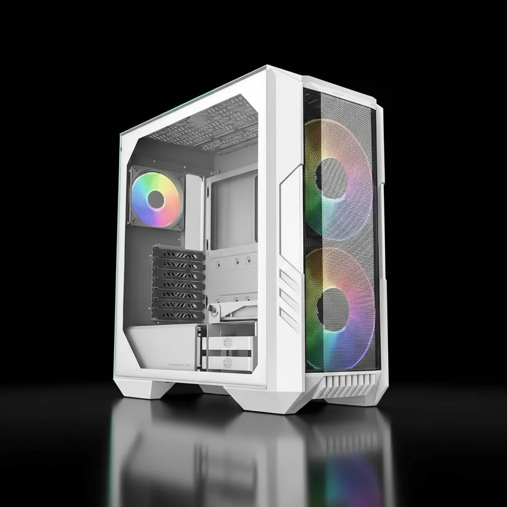 كيس Cooler Master HAF 500 Mesh ARGB ميد تاور – أبيض – زجاج جانبي – مروحتين 200mm ARGB