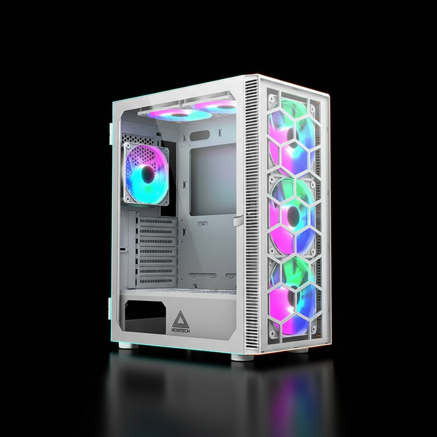 كيس  Montech X3 Glass ARGB بحجم Mid Tower – واجهة Mesh للتهوية – زجاج مقوى – أبيض