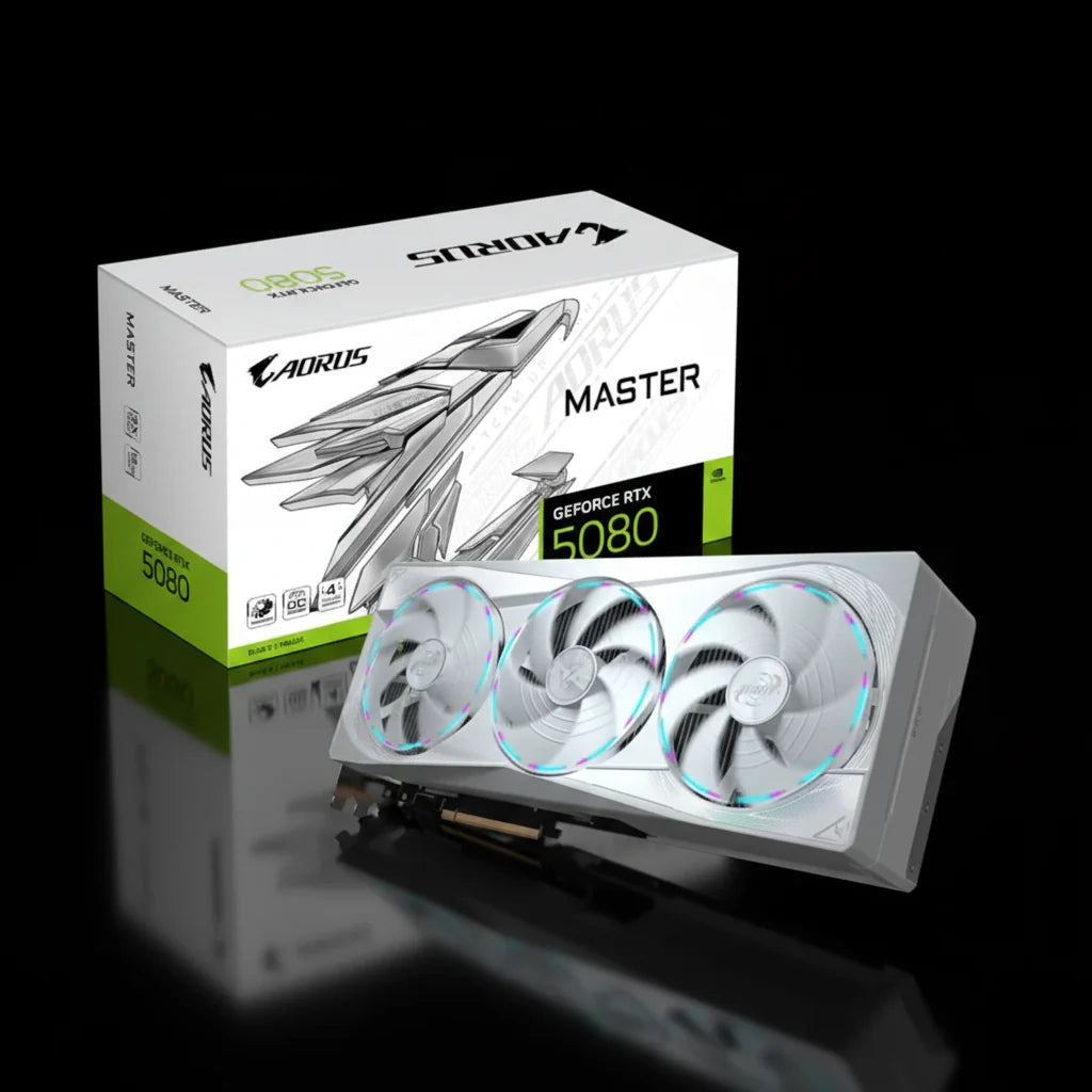 كرت شاشة Gigabyte AORUS GeForce RTX 5080 MASTER ICE – ذاكرة 16GB GDDR7 – أبيض