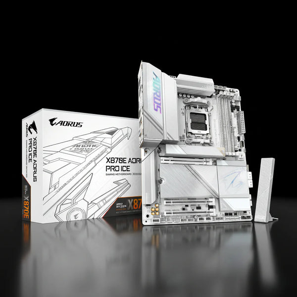 لوحة أم Gigabyte X870E AORUS PRO ICE – مقبس AM5 – دعم DDR5 – WiFi 7 – شبكة 2.5GbE – بحجم ATX