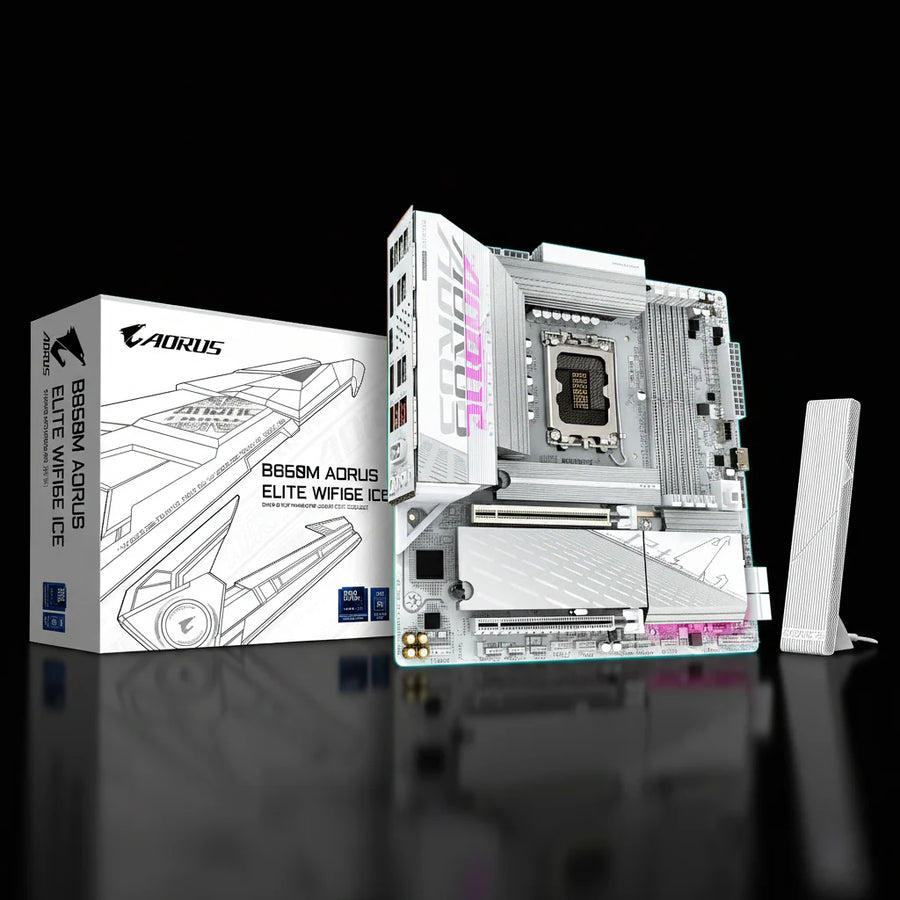 لوحة أم Gigabyte B860M AORUS ELITE WIFI6E ICE – مقبس LGA1851 – دعم DDR5 – شبكة 2.5GbE – بحجم Micro-ATX