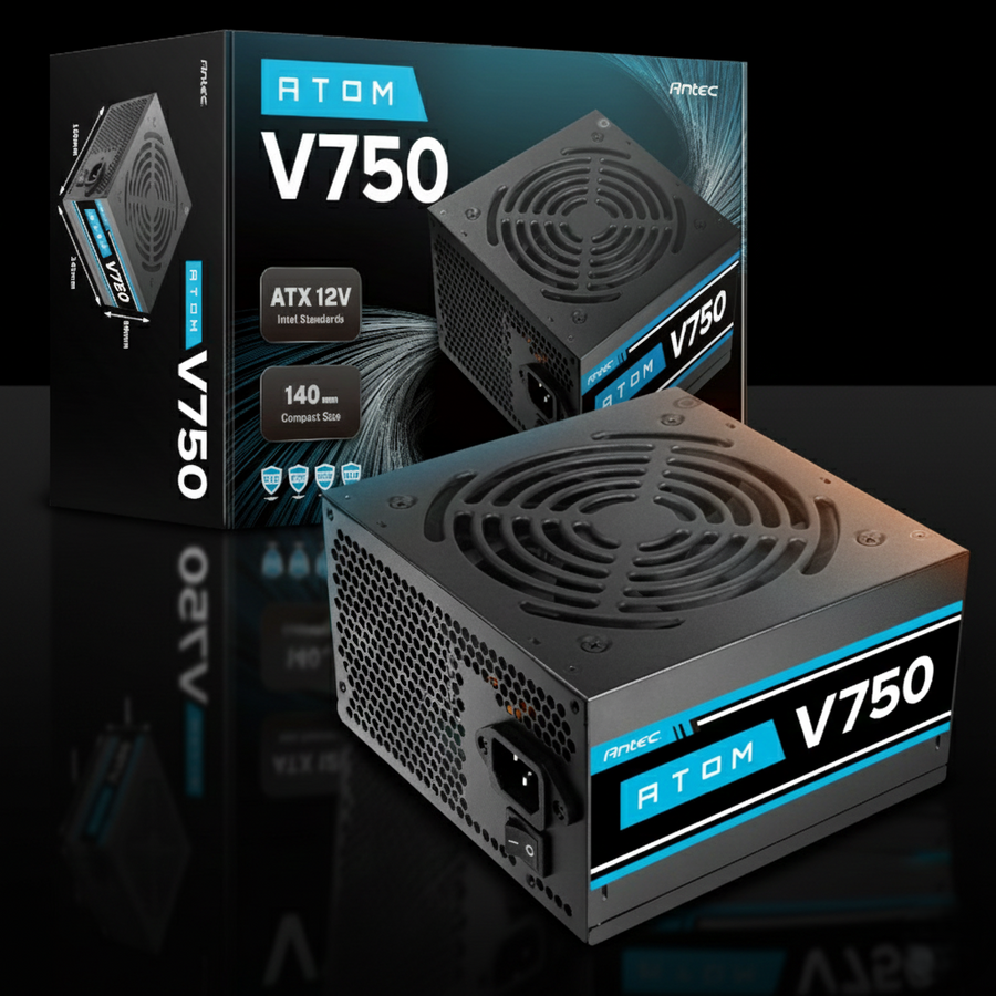 مزود طاقة Antec ATOM V750 بقدرة 750 واط – ATX – Active PFC – مروحة صامتة 120 مم – غير معياري (Non-Modular) – شهادة 80+