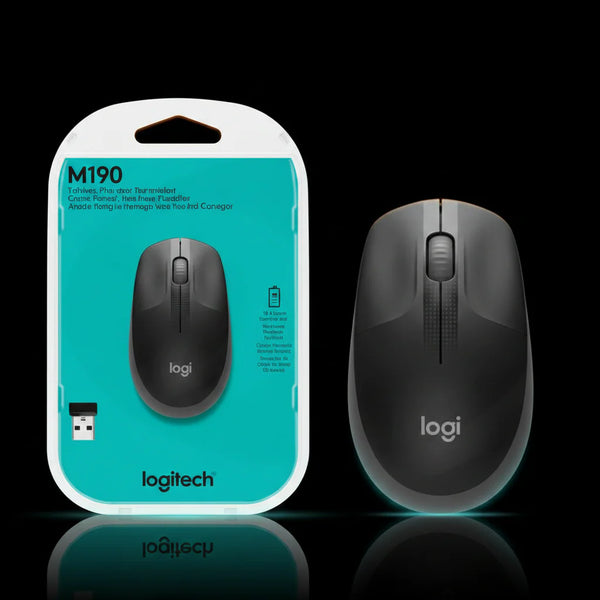 ماوس لاسلكي كامل الحجم Logitech M190 – لون فحم، USB بتردد 2.4GHz للعمل والمنزل