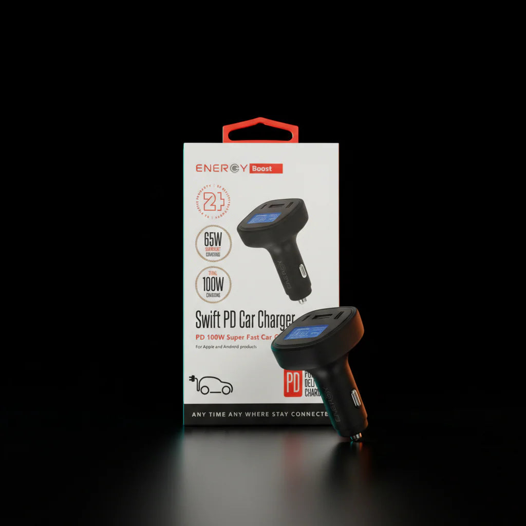 Energy B5 100W Fast Car Charger with LED Display – Dual USB + USB-C PD