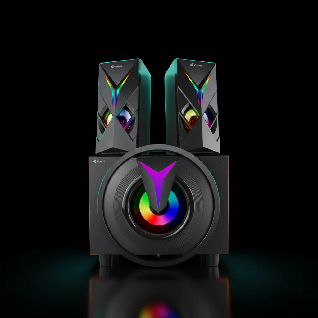 سماعات Kisonli TM-1000U نظام 2.1 بإضاءة RGB – قدرة 16 واط مع مضخم صوت (Subwoofer)