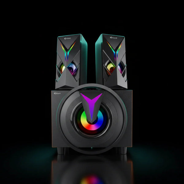 سماعات Kisonli TM-1000U نظام 2.1 بإضاءة RGB – قدرة 16 واط مع مضخم صوت (Subwoofer)