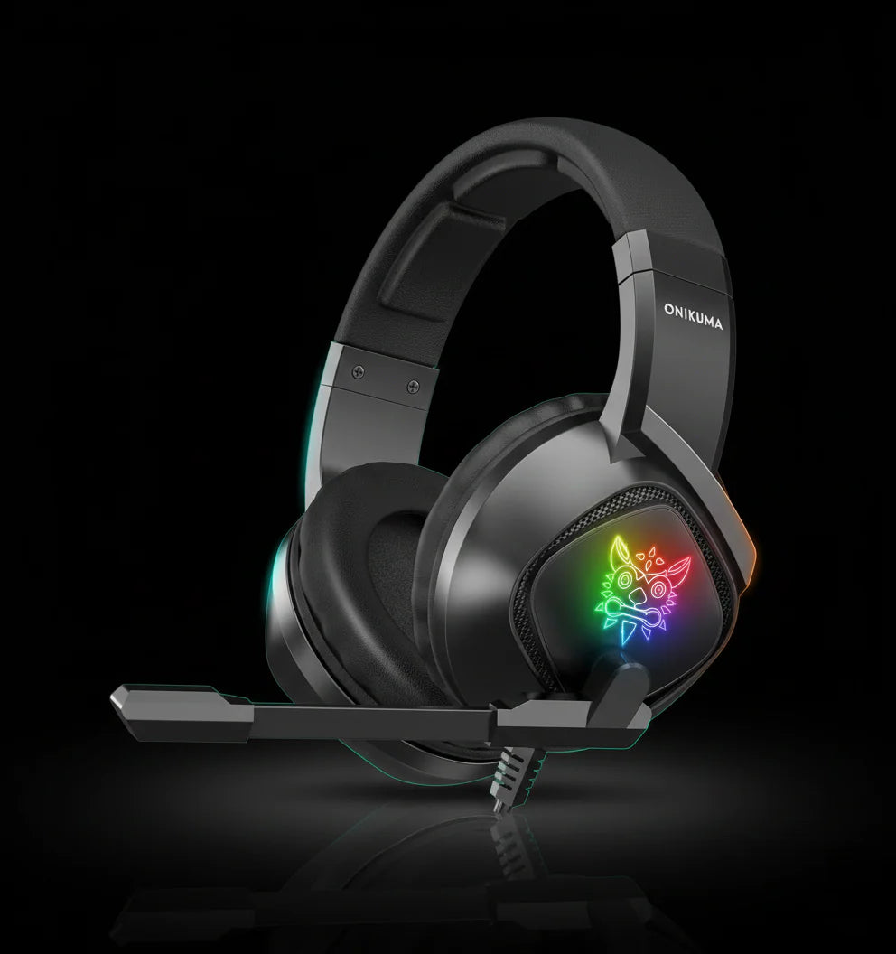 سماعة ألعاب Onikuma K19 – كبيرة الحجم Over-Ear، إضاءة RGB، سلكية، ميكروفون مع خاصية إلغاء الضوضاء، مدخل 3.5mm وUSB